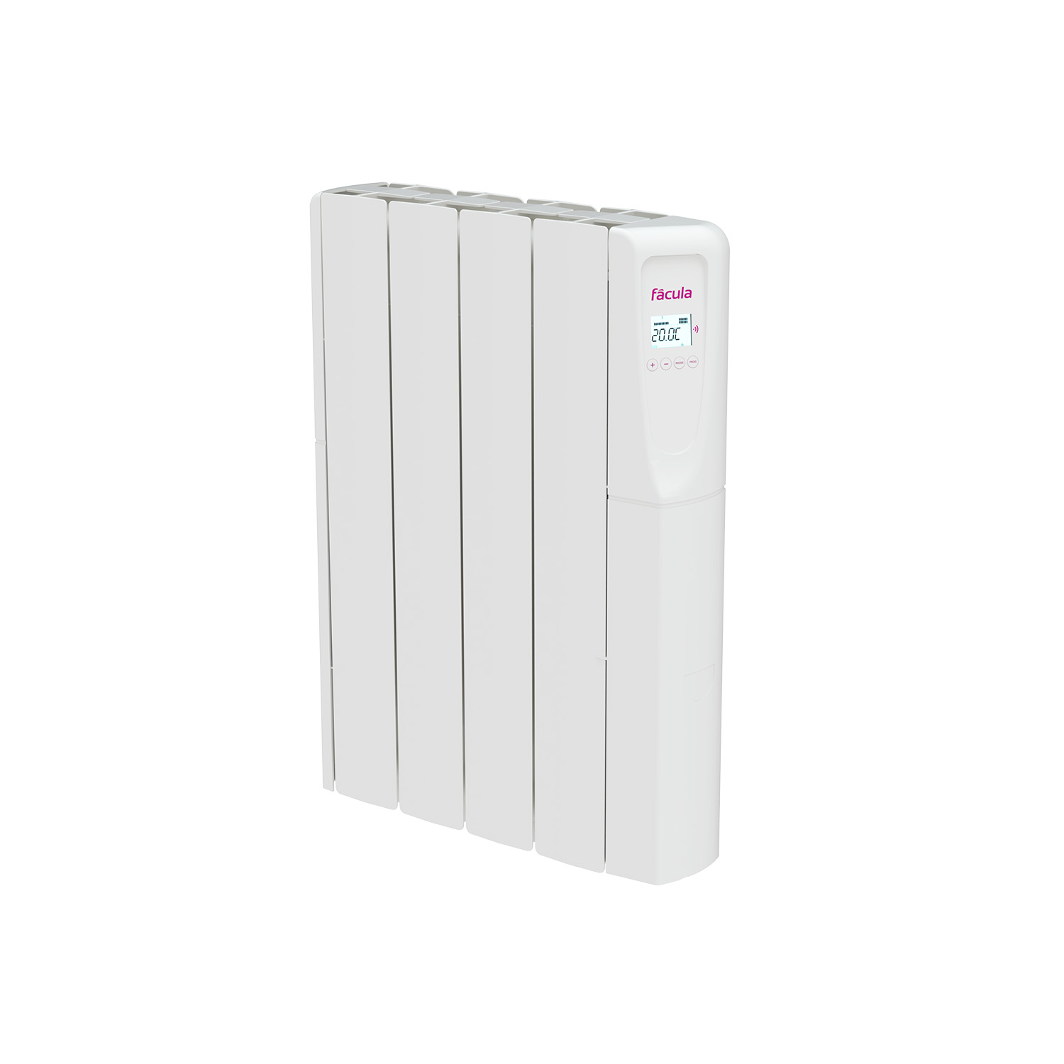 Un radiador eléctrico blanco con pantalla digital que muestra 20°C.