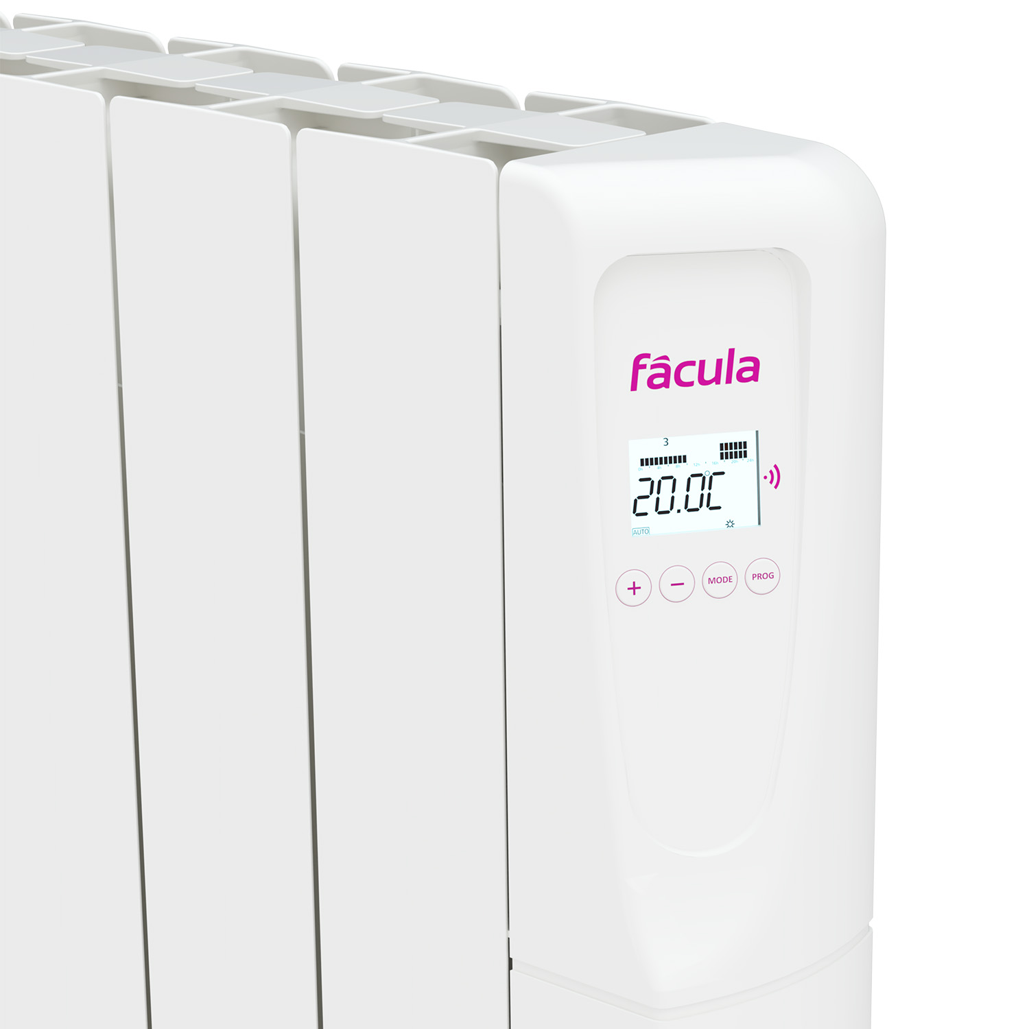 Aletas de radiador blancas con pantalla digital que muestra 20,00C.