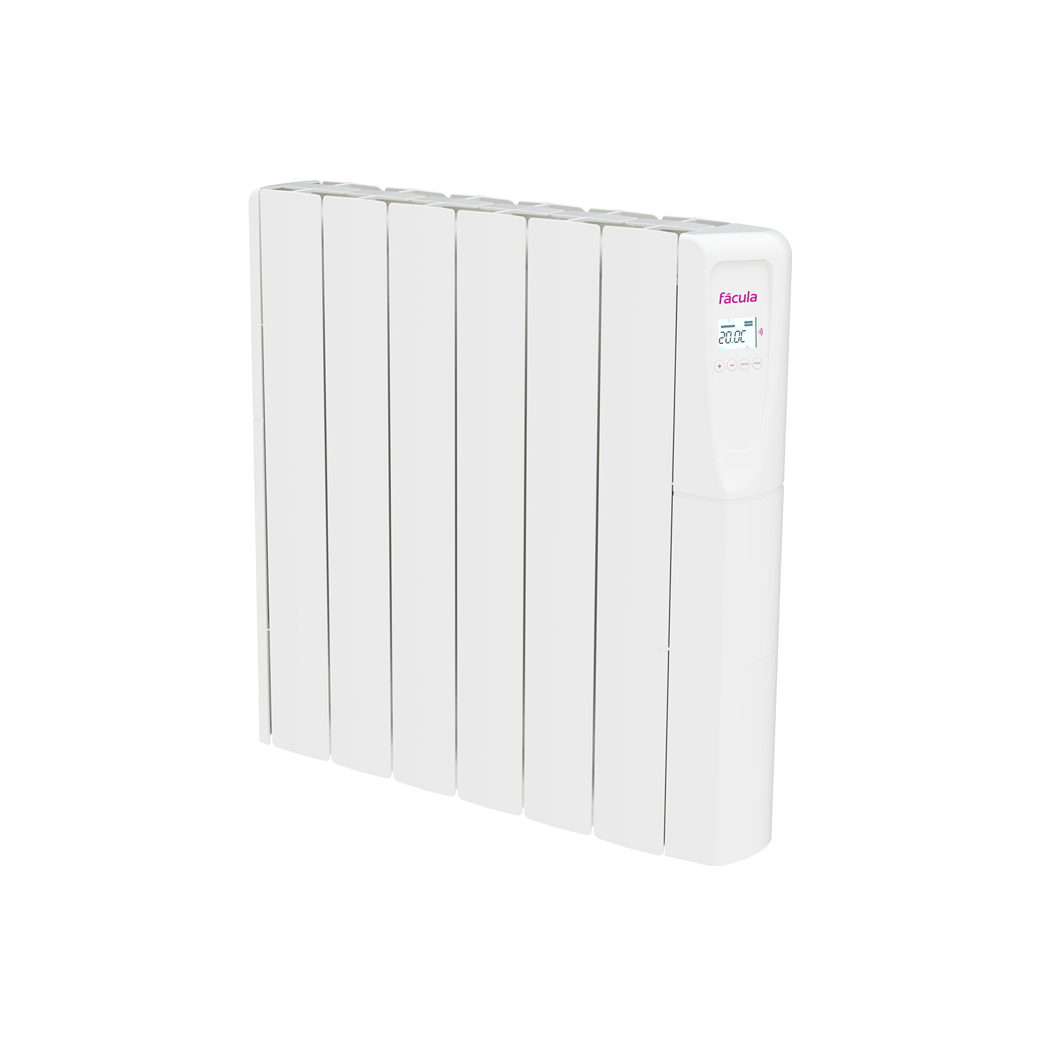 Un radiador blanco con pantalla digital que muestra 20 grados Celsius.