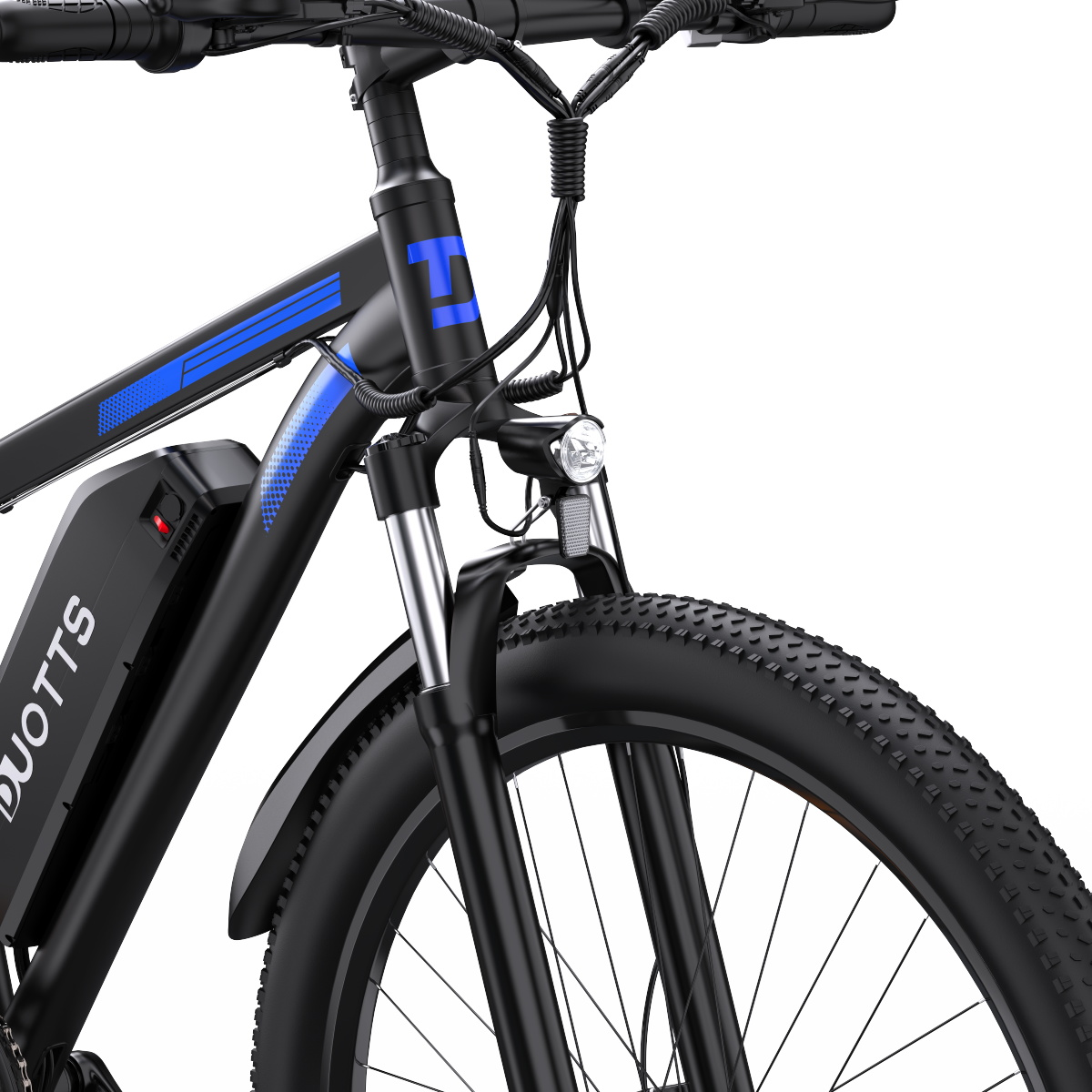 Ein schwarzes E-Bike mit blauen Akzenten, Vordergabel und Reifen.