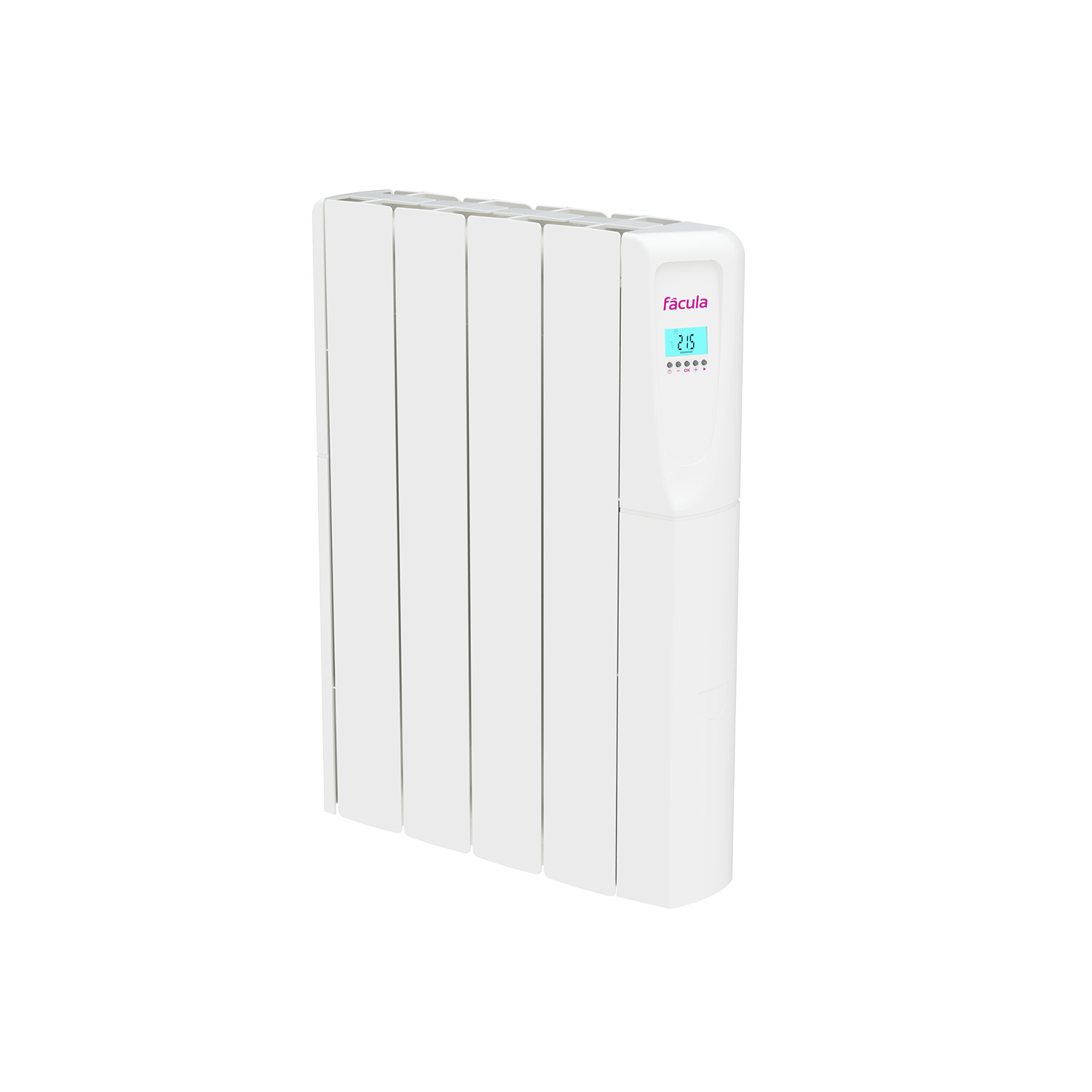 Un radiador blanco con cinco aletas y pantalla digital.