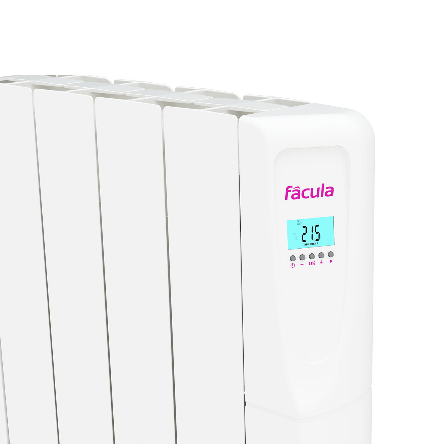 Radiador eléctrico blanco con pantalla digital que muestra 21,5 grados. Marca Fácula.