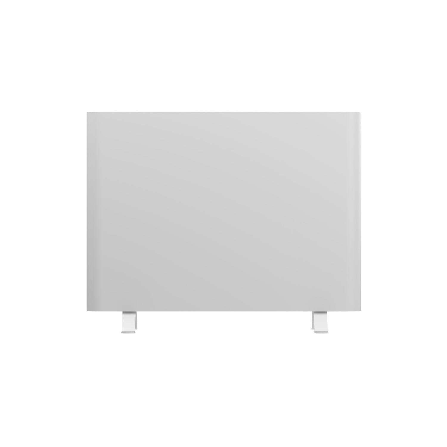 Un panel calefactor blanco y sencillo con dos pequeños pies blancos.