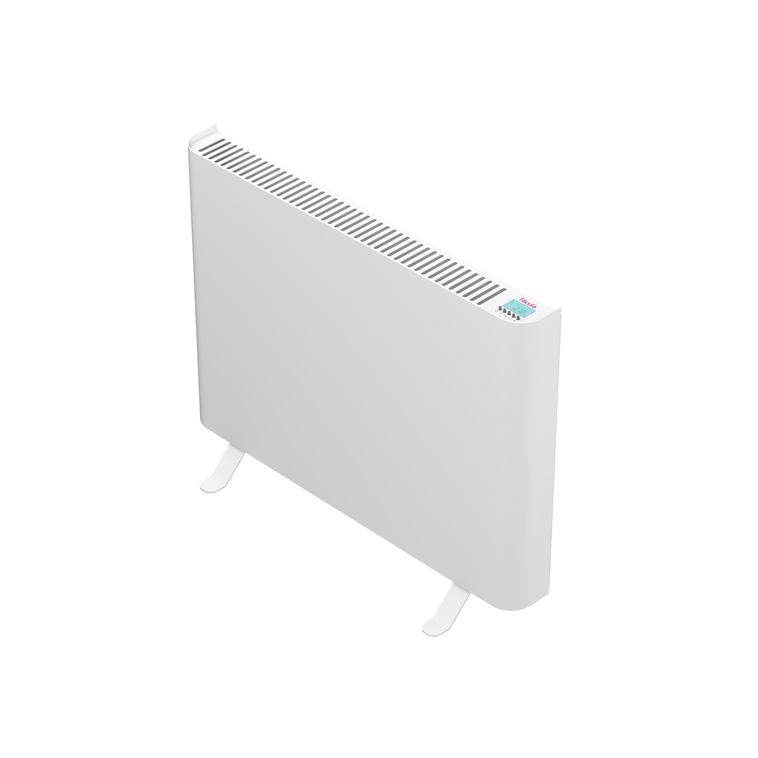 Un calentador eléctrico blanco con pantalla digital y dos patas se apoya sobre fondo blanco.