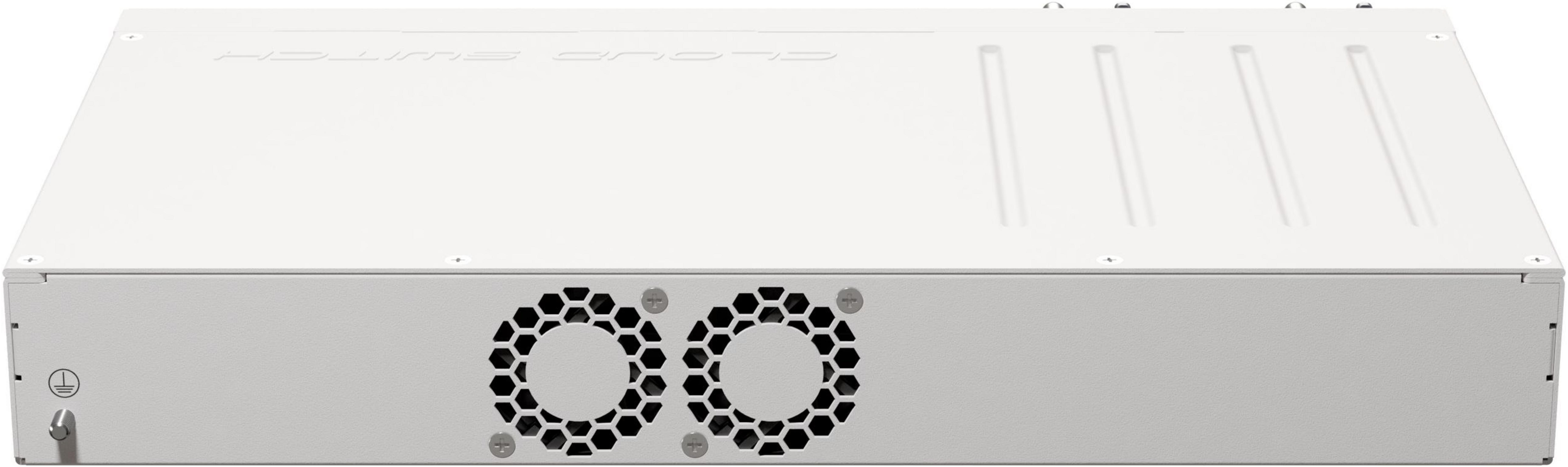 Uno switch di rete bianco con due prese d'aria per ventole e un simbolo di terra.