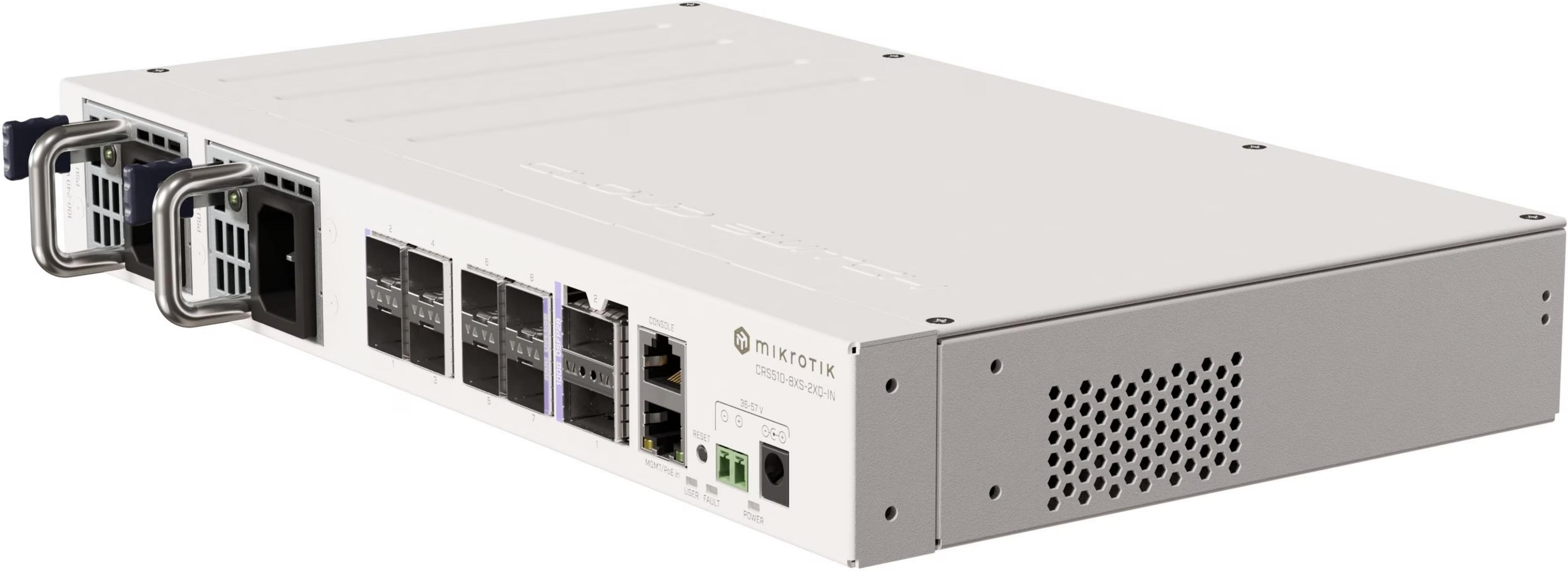 Un router Mikrotik bianco con più porte e griglie di ventilazione.