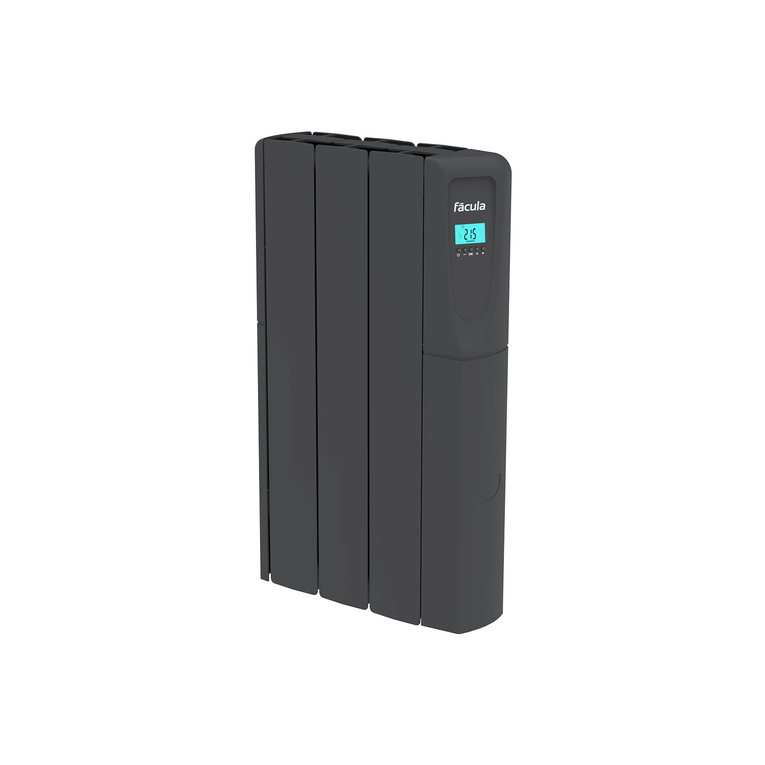 Un radiador vertical oscuro con pantalla digital que muestra 21,5 grados.