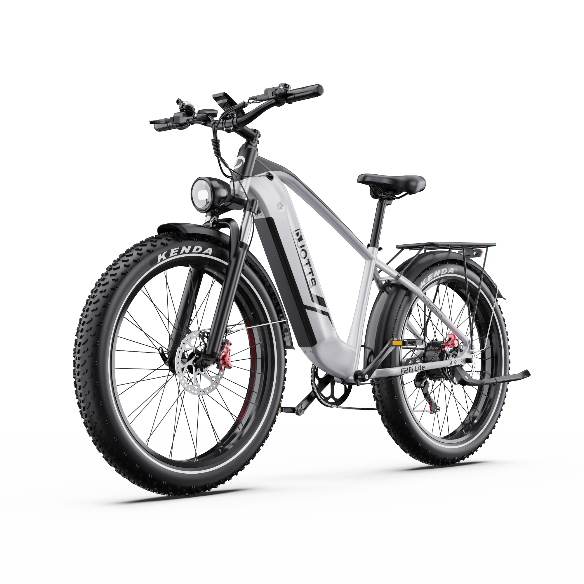 Una bici elettrica argentata con pneumatici larghi, faro anteriore e portapacchi.