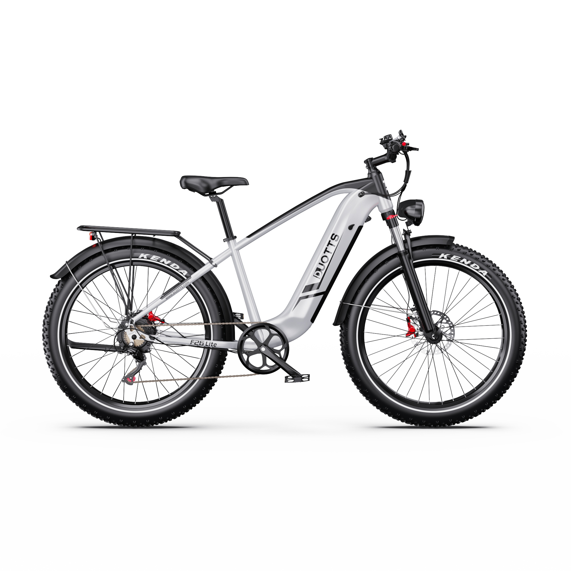 Una bicicletta elettrica grigio argento con copertoni larghi, portapacchi e faro.