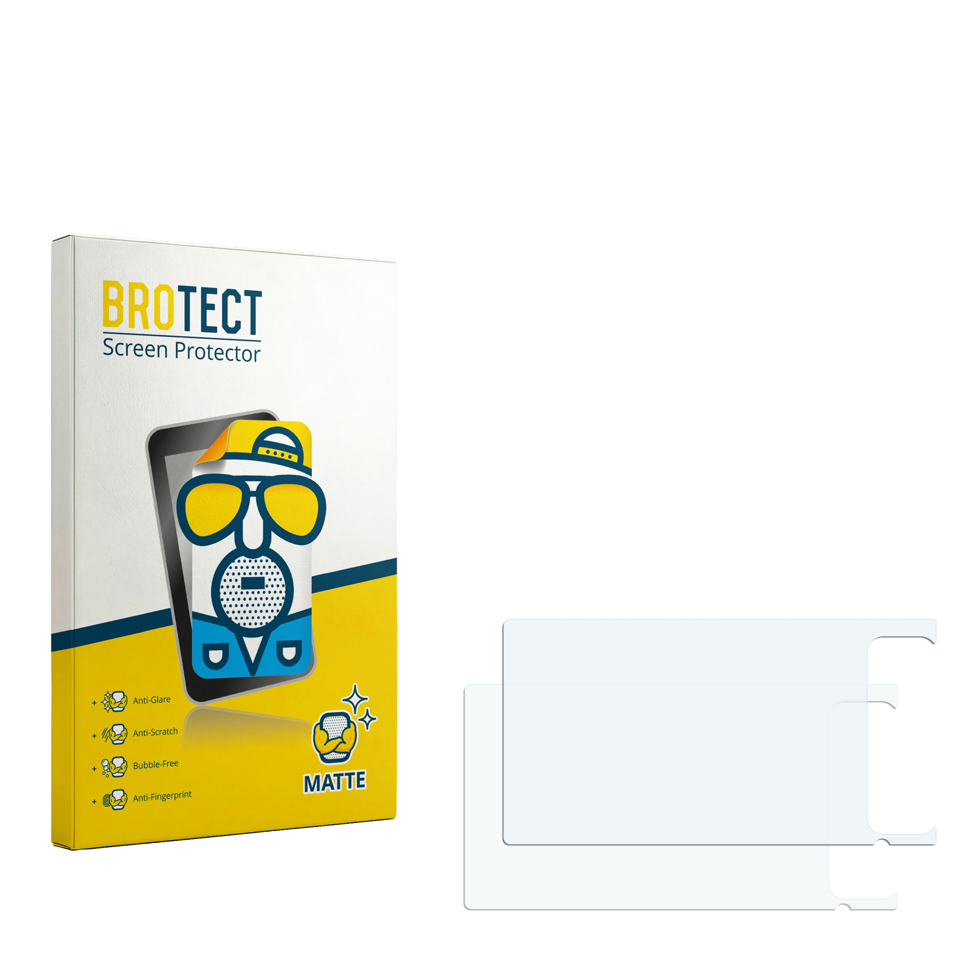 Verpackung für BROTECT Displayschutzfolie mit zwei Folien daneben.