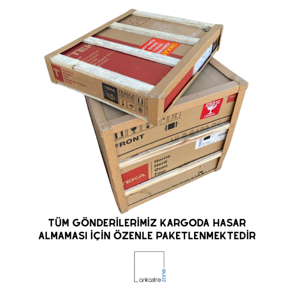 TEKA cihazları içeren iki yığılmış karton kutu, uyarı etiketleriyle.