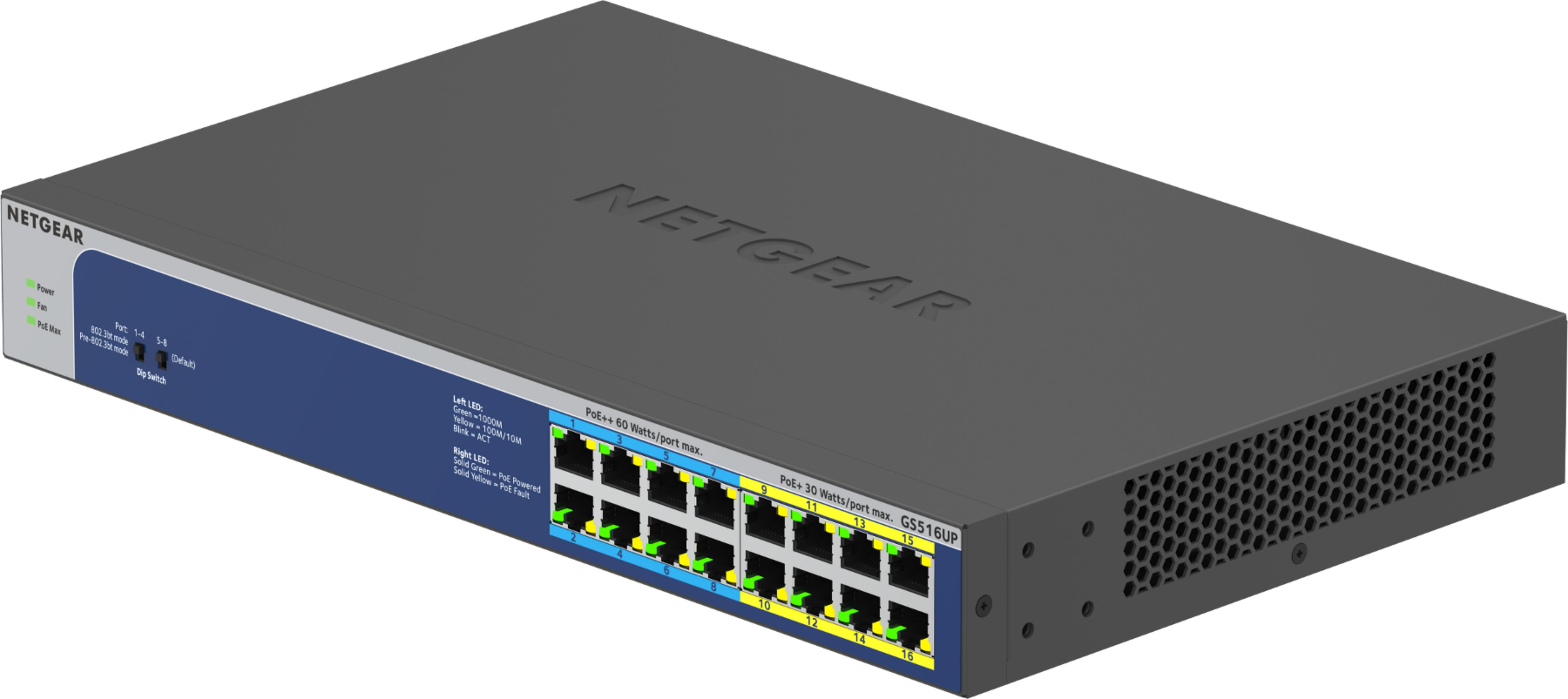 Szary przełącznik Netgear GS516UP z 16 portami, podświetlone zielone i żółte diody LED.