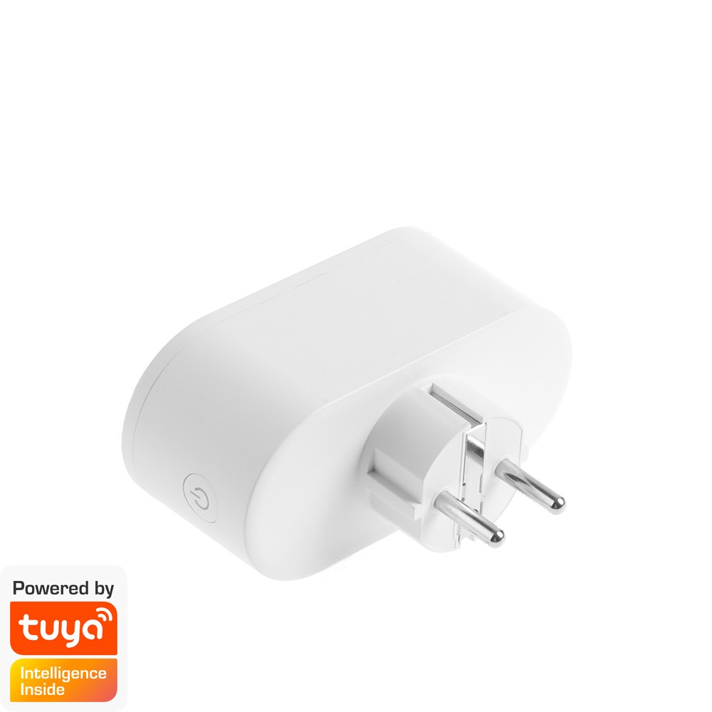 Biała wtyczka smart Tuya z dwoma metalowymi bolcami i okrągłym przyciskiem.