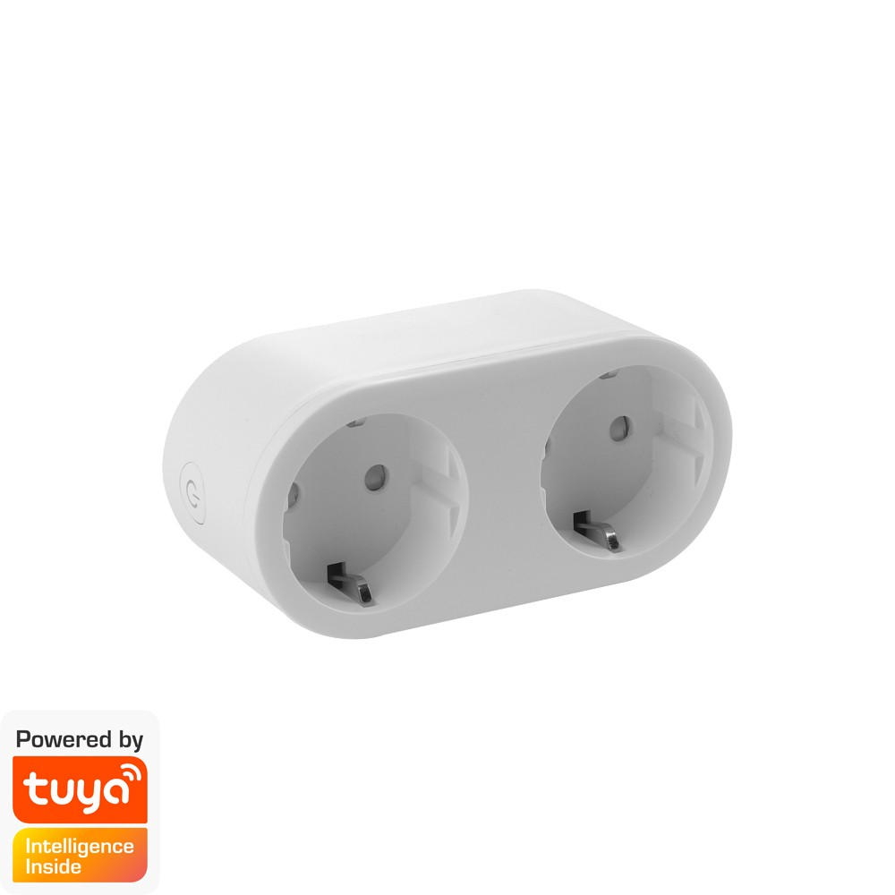 Biały podwójny adapter wtyczki z dwoma gniazdami i symbolem zasilania.