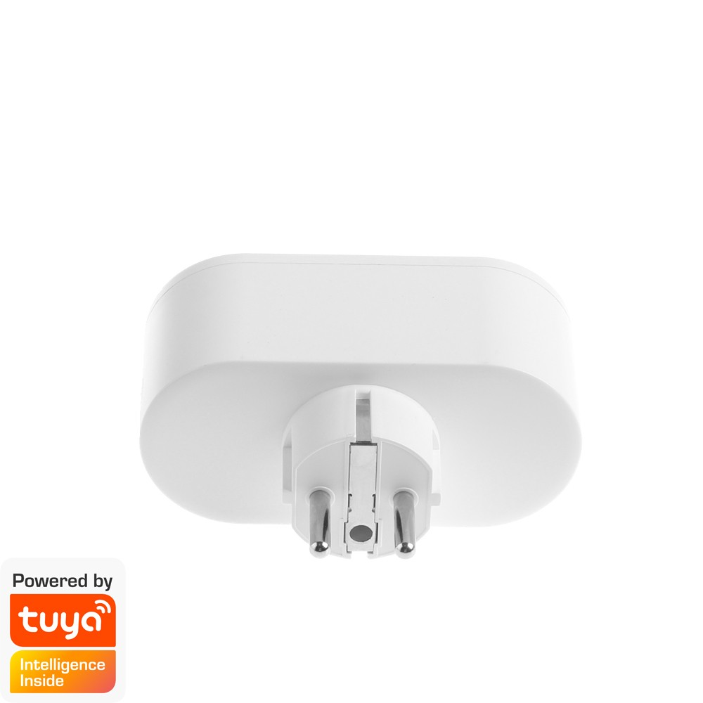 Biała inteligentna wtyczka z logo Tuya, pokazująca bolce wtyczki UE.