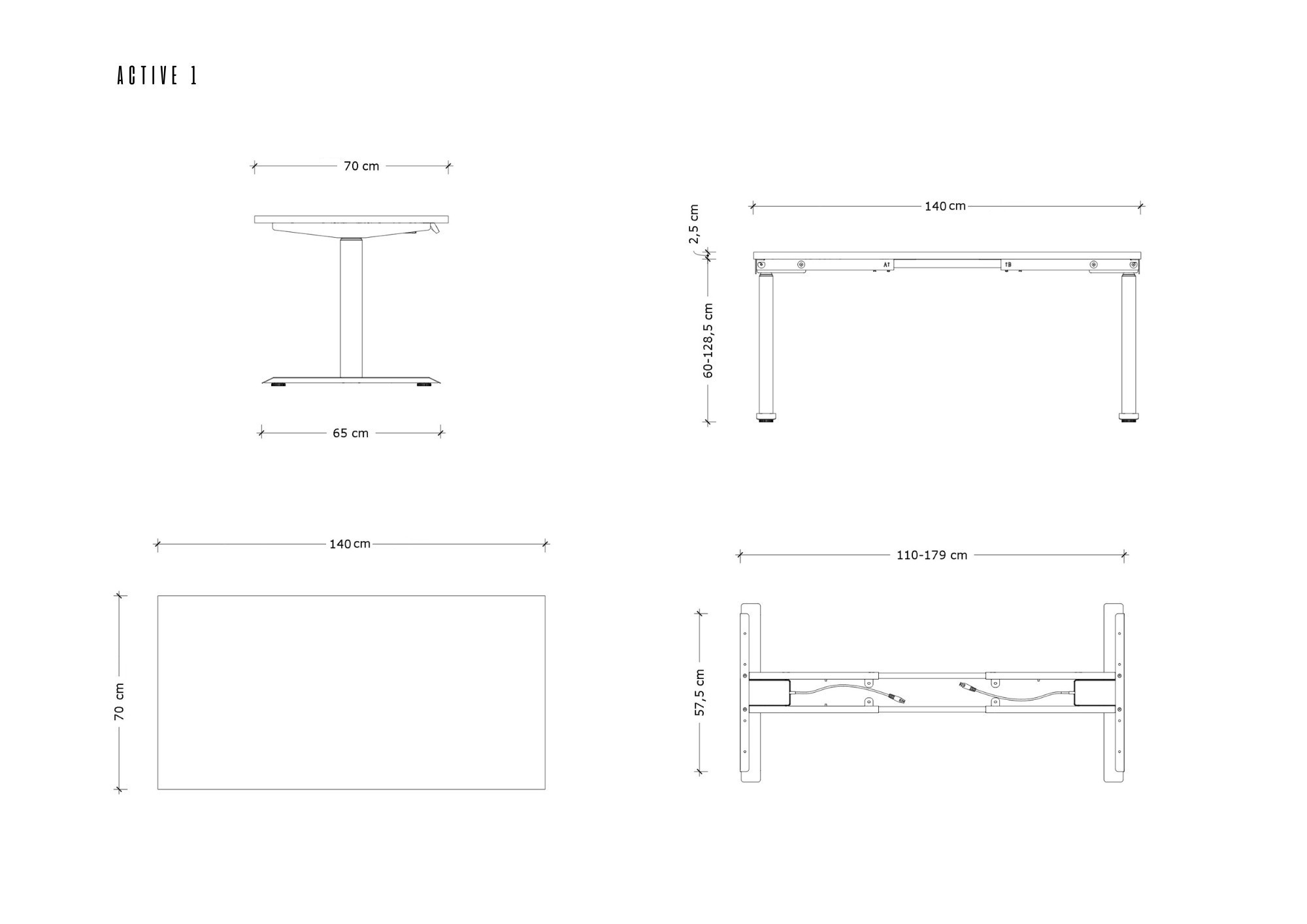 Rysunki techniczne biurka z wymiarami.