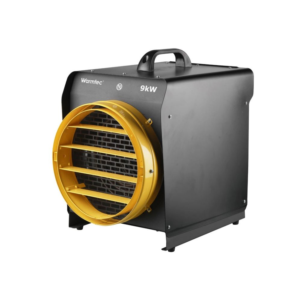 Czarna nagrzewnica z żółtą kratką i uchwytem, z napisem „Warmtec 9kW”.