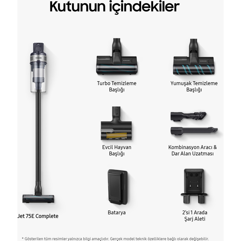 Samsung Jet 75E Complete elektrikli süpürge ve aksesuarları: turbo, yumuşak, evcil hayvan başlığı, uzatma, batarya, şarj aleti.