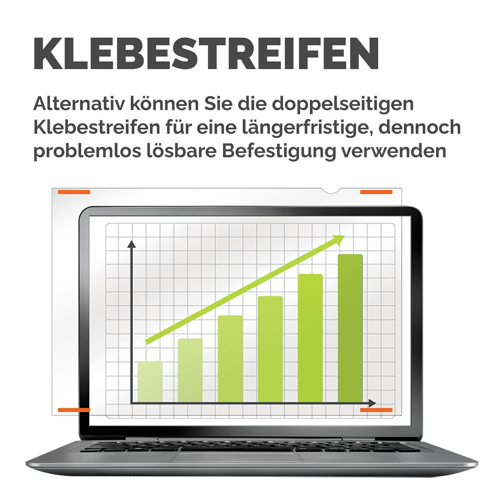 Laptop con grafico e testo "KLEBESTREIFEN".