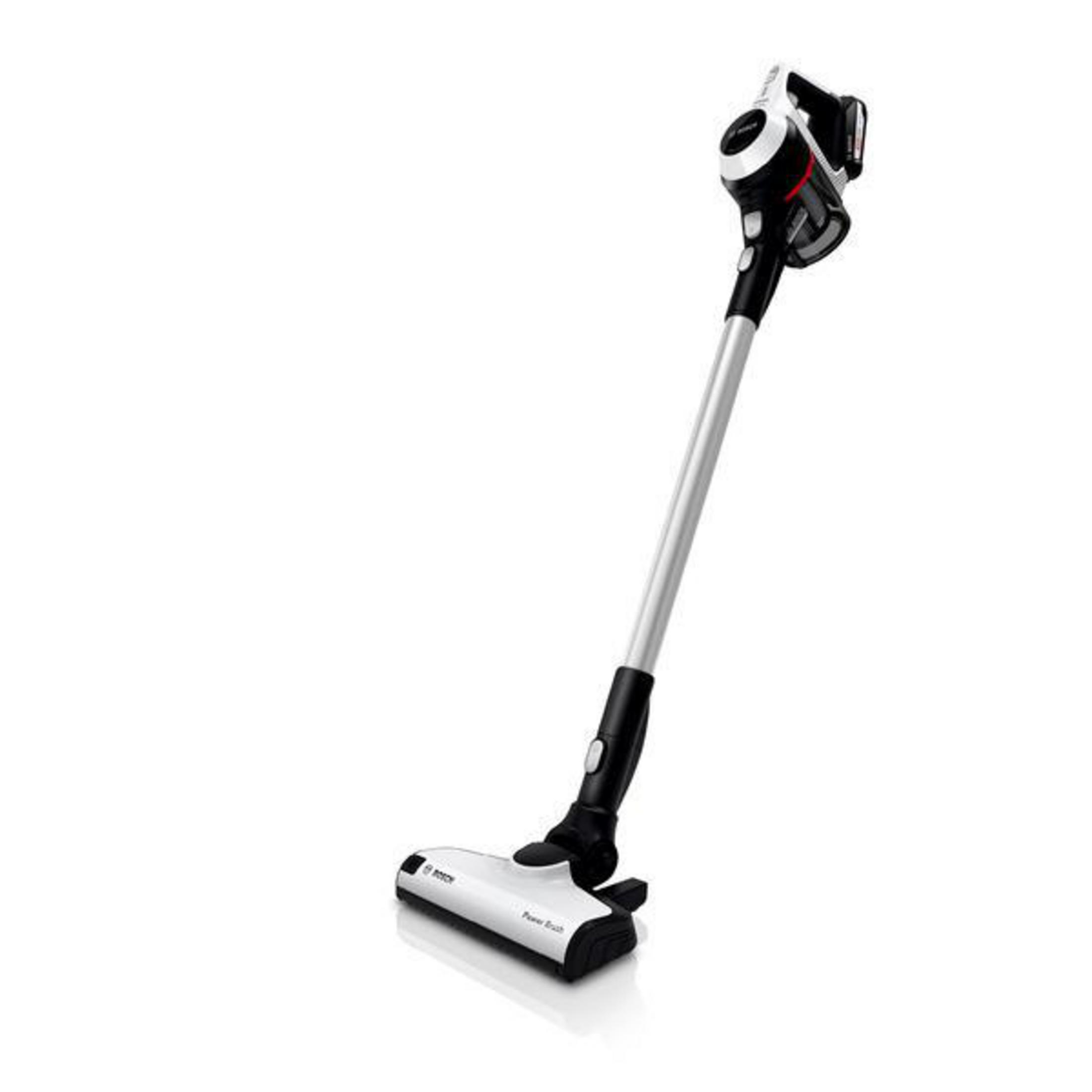 Una elegante aspiradora Bosch inalámbrica blanca y negra con tubo plateado.