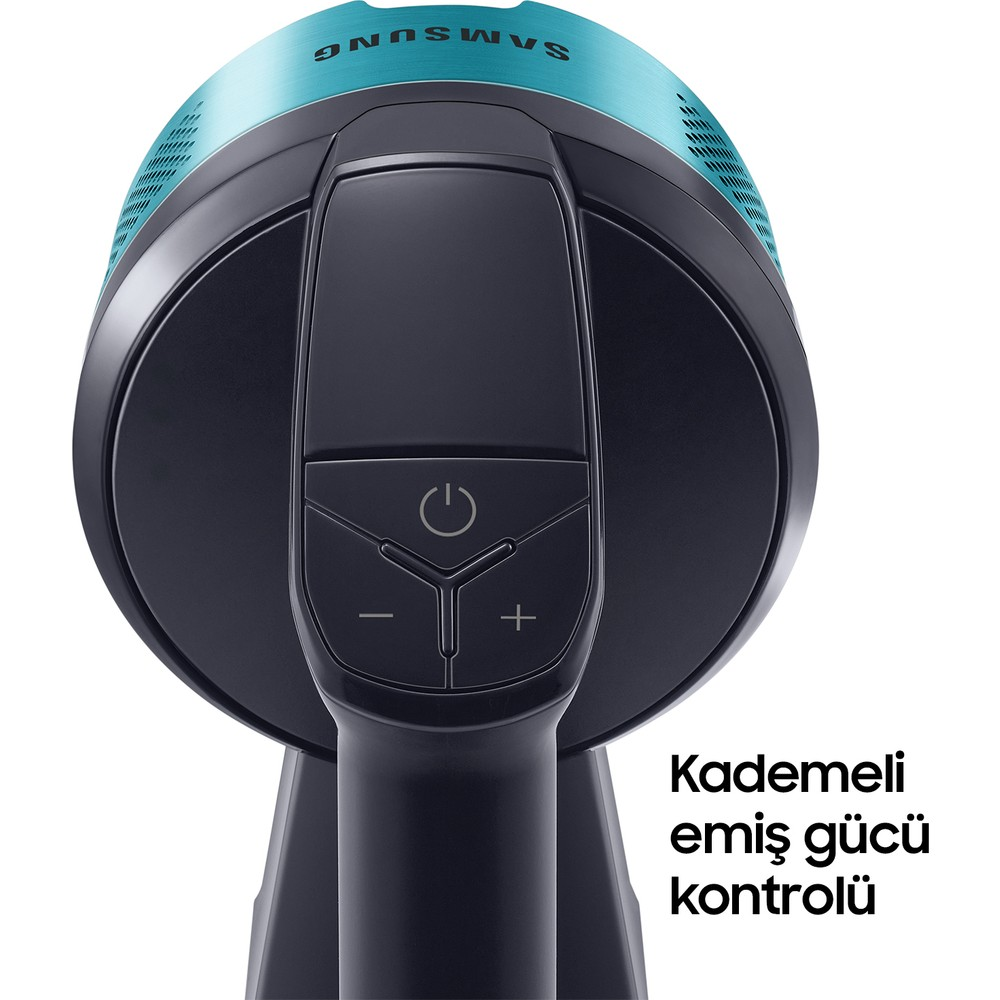 Kontrol düğmeli mavi Samsung elektrikli süpürgenin yakın çekimi.