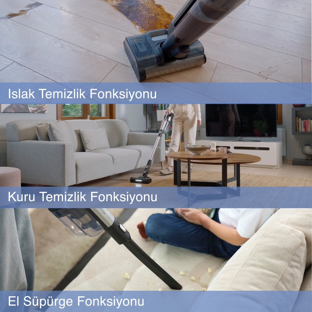 Ein Staubsauger reinigt einen Holzboden, ein Wohnzimmer und eine Couch.