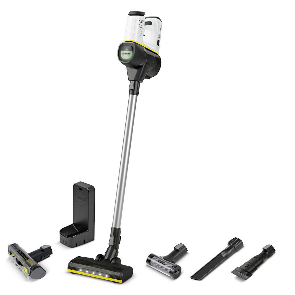 Un aspirateur sans fil Karcher avec accessoires, dont une station de chargement et divers embouts.