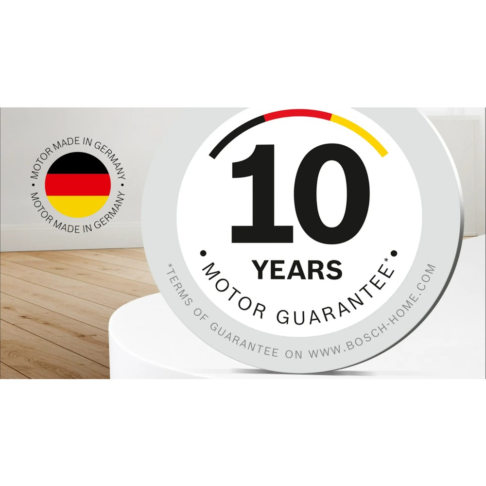 10 lat gwarancji na silnik, Made in Germany, z niemieckim i europejskim logo.