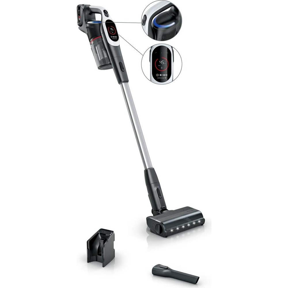Ein kabelloser Bosch-Staubsauger mit digitalem Display und Zubehör auf weißem Hintergrund.