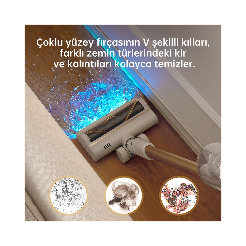 V şekilli fırçalı süpürge, çeşitli zeminlerdeki kir ve kalıntıları kolayca temizler.