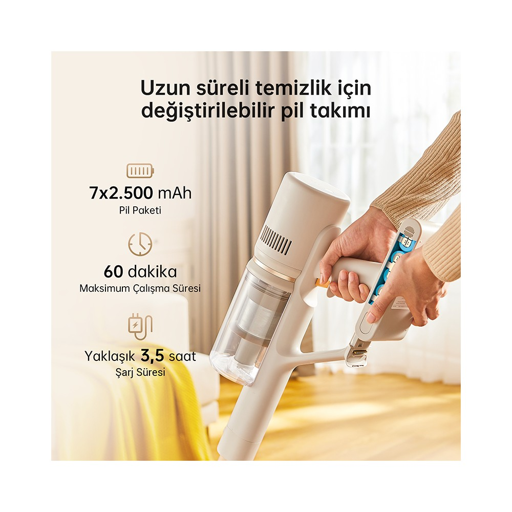 Çalışma ve şarj süresi detaylarına sahip bej rengi kablosuz süpürge.