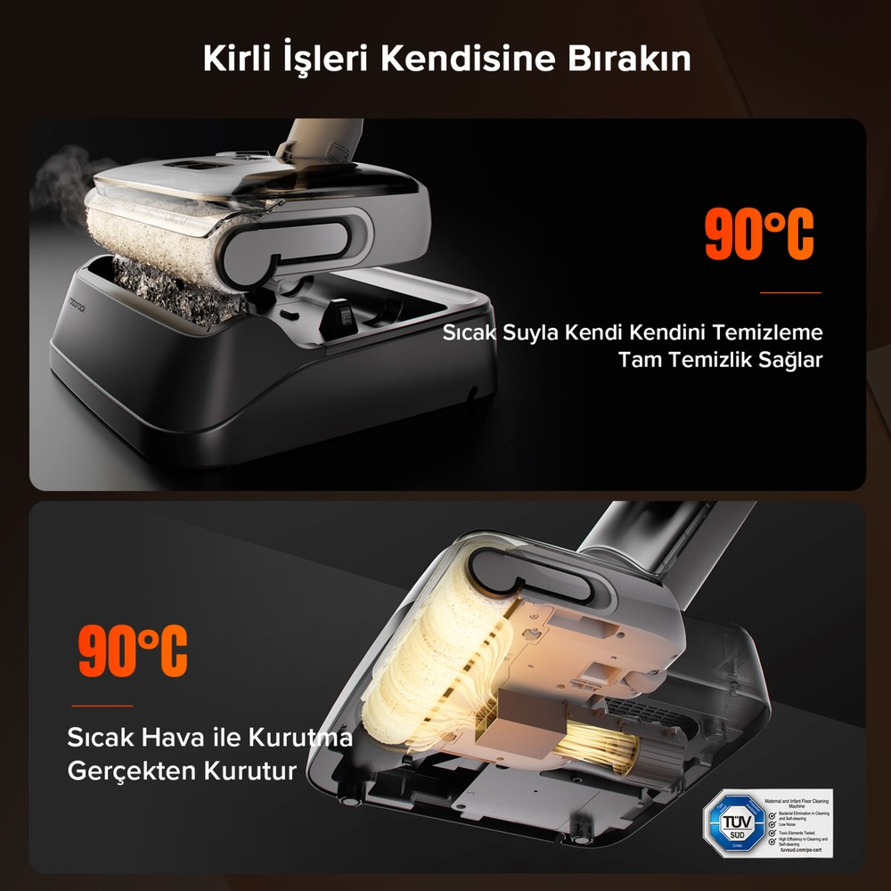 Ein Dampfreiniger reinigt sich selbst mit 90°C heißem Wasser und trocknet mit 90°C heißer Luft.