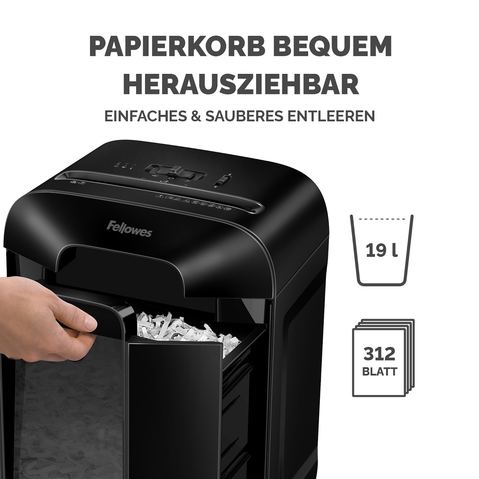 Ein schwarzer Aktenvernichter mit herausziehbarer Schublade, gefüllt mit geschreddertem Papier.