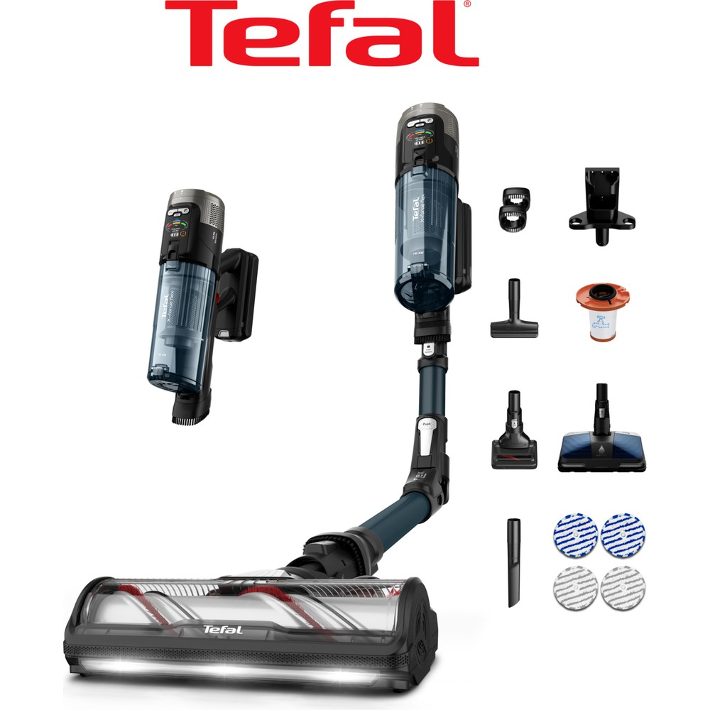 Aspirapolvere Tefal con accessori: unità principale, batteria di ricambio, spazzola, beccuccio.