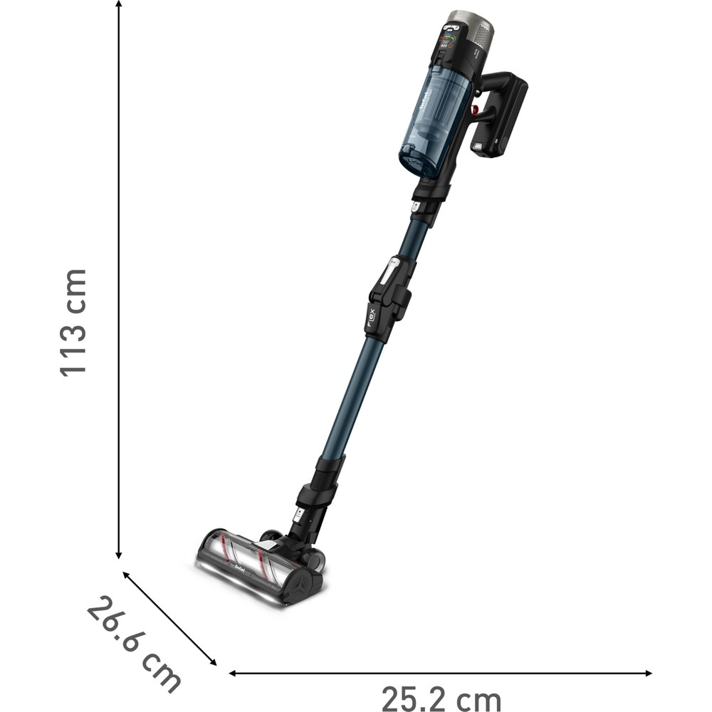 Un elegante aspirapolvere a batteria scuro con manico blu e impugnatura nera.