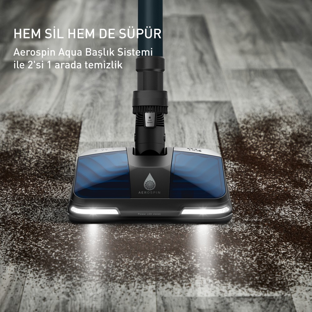 Un pulitore per pavimenti Aerospin Aqua aspira un pavimento in legno sporco con LED.