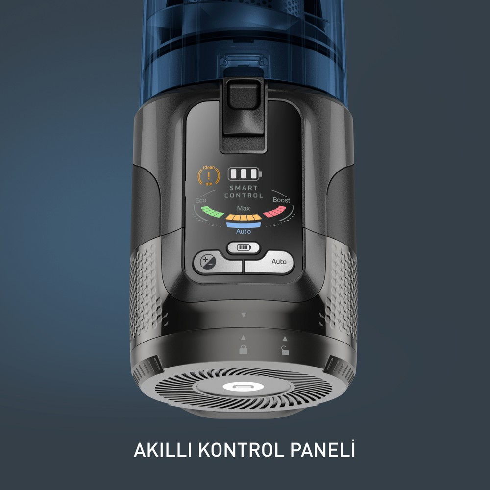 Primo piano di un manico di aspirapolvere nero con display digitale che mostra le modalità.