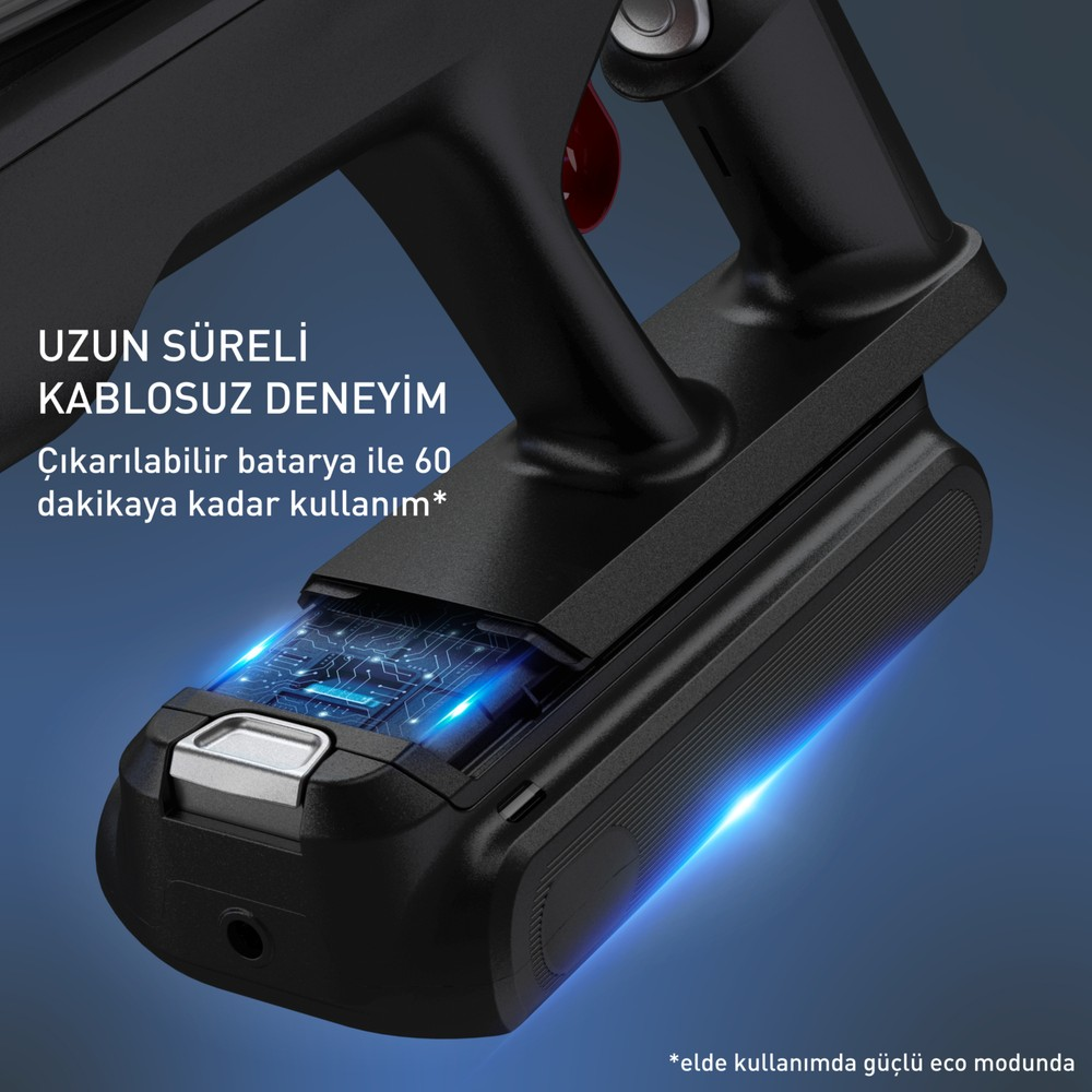 Batteria nera con circuito stampato luminoso, testo sull'esperienza wireless.