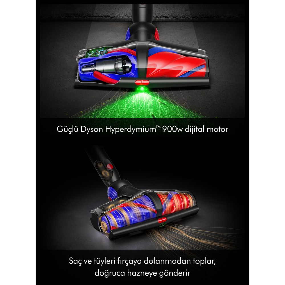 Testina aspirapolvere Dyson con potente motore da 900W, raccoglie i peli e li dirige nel contenitore.
