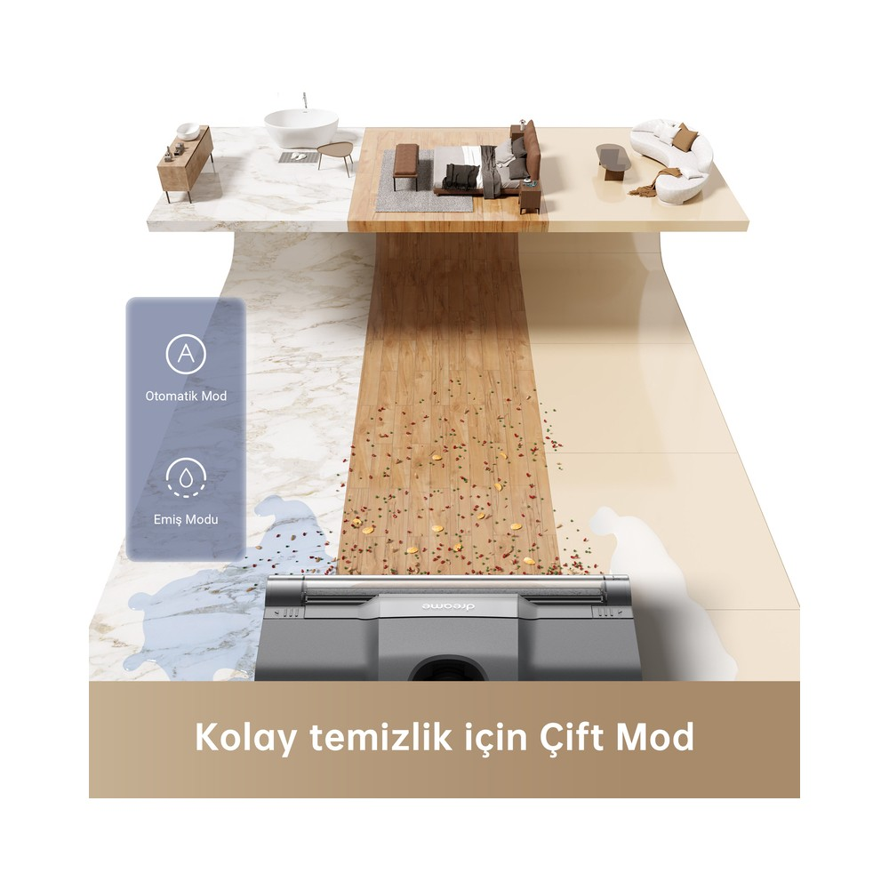İki modlu yer temizleyici: Otomatik ve Emiş. Döküntü ve suyu temizler.
