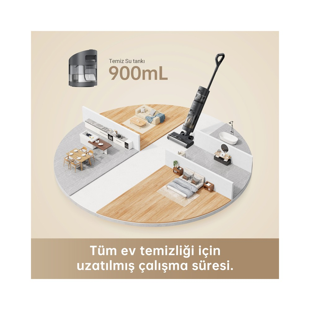 Mutfak, oturma odası, banyo ve yatak odası olan evde bir elektrikli süpürge.