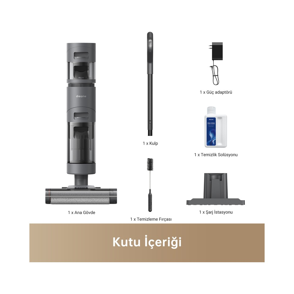 Gri elektrikli süpürge, sap, fırça, adaptör, solüsyon ve şarj istasyonu.