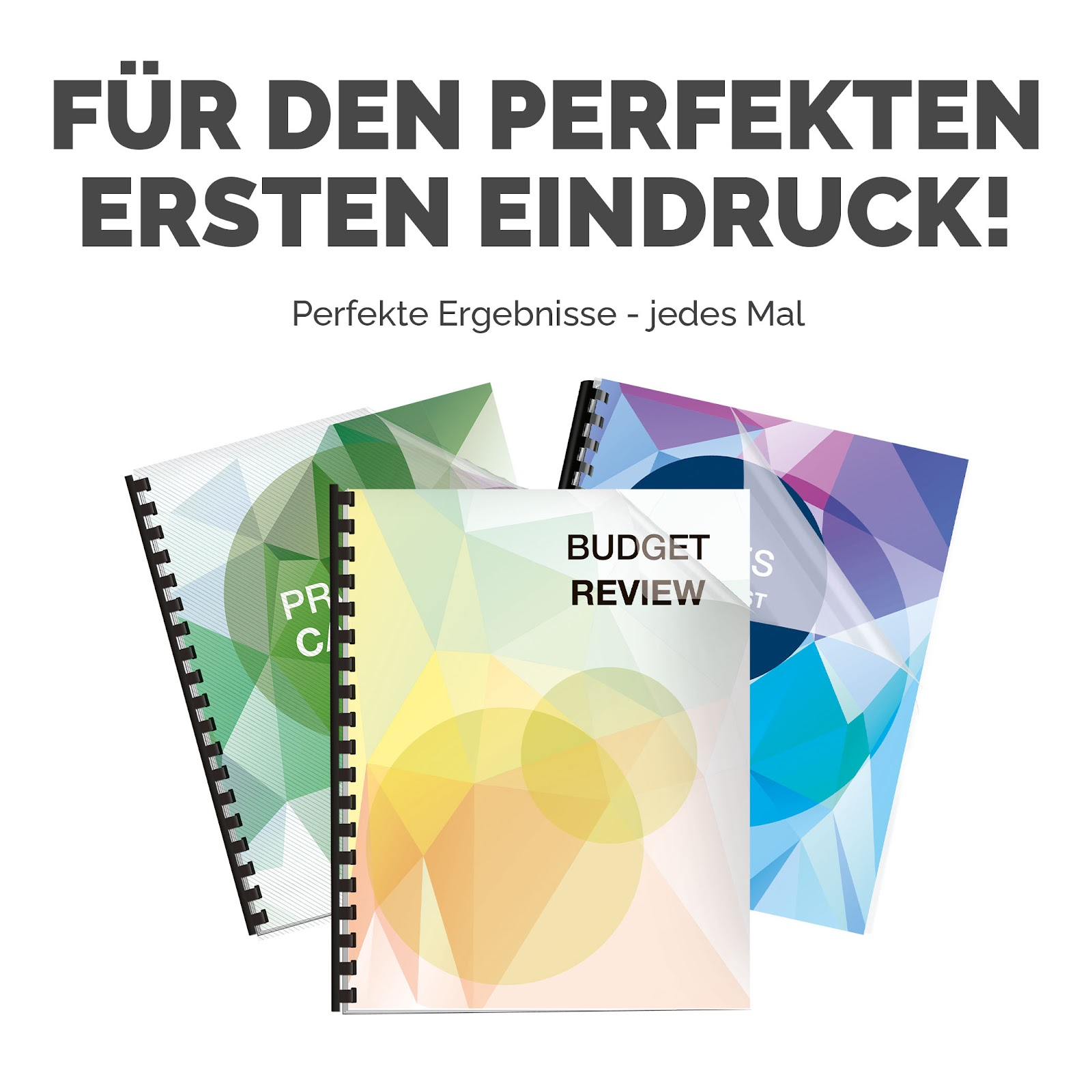 Three spiral-bound folders with colorful geometric patterns and text. Budget Review.