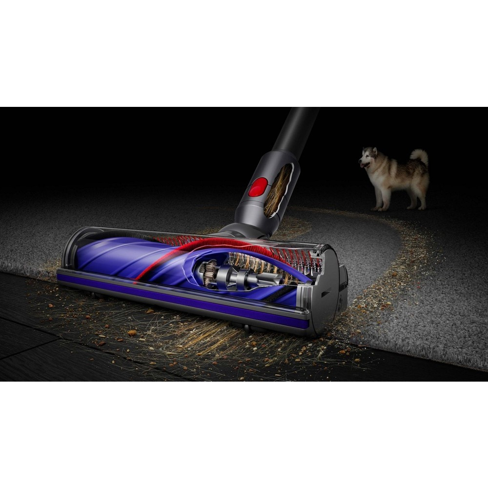 Una testina dell'aspirapolvere con spazzola pulisce detriti, un cane si trova sullo sfondo.