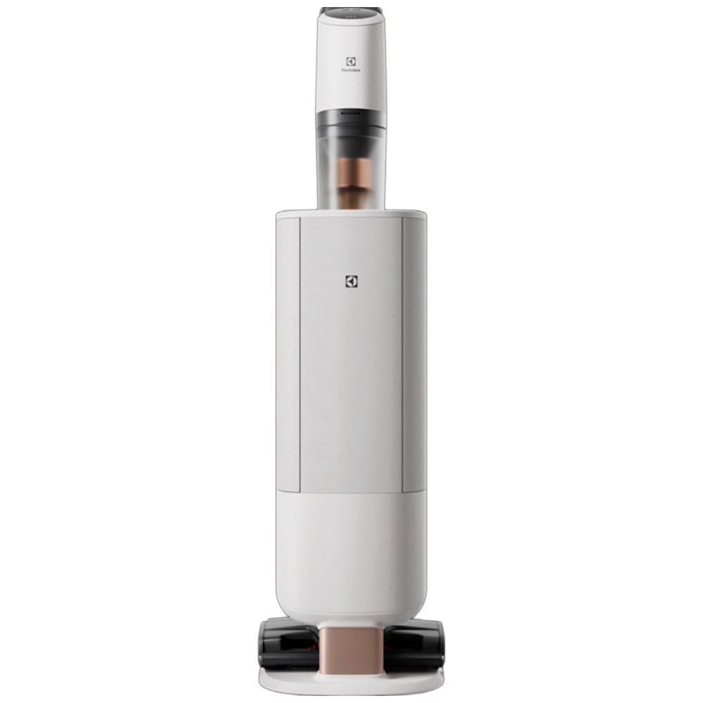 Un aspirapolvere senza fili bianco e bronzo con contenitore polvere trasparente.