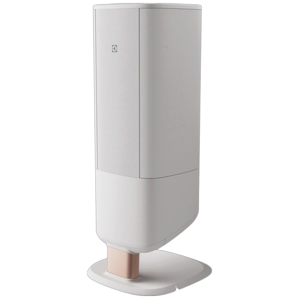 Un elegante dispositivo bianco con base oro rosa e logo argentato.