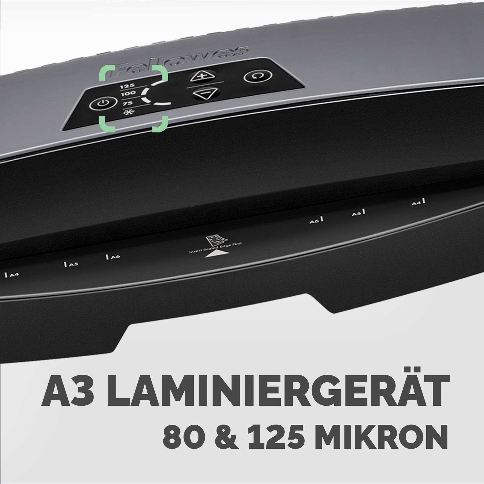 Laminator Fellowes A3 z panelem sterowania i wskaźnikami rozmiaru.