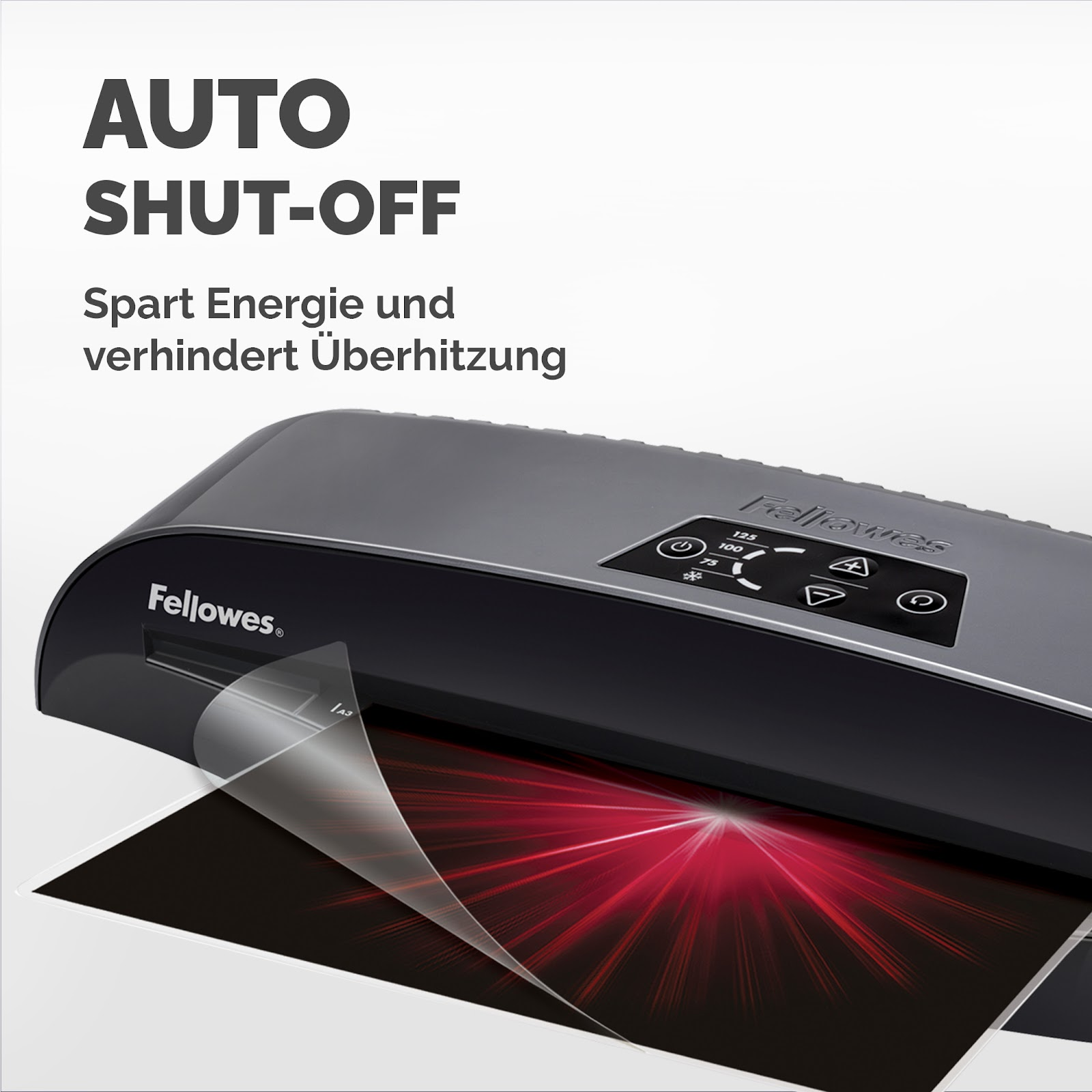Laminator Fellowes z funkcją automatycznego wyłączania i wyświetlaczem oszczędzania energii.