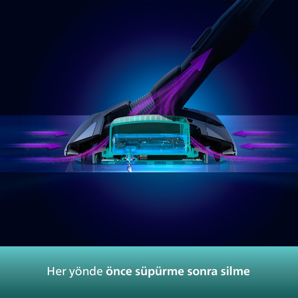 Su akışlı ve mor hava akımlı elektrikli süpürge.