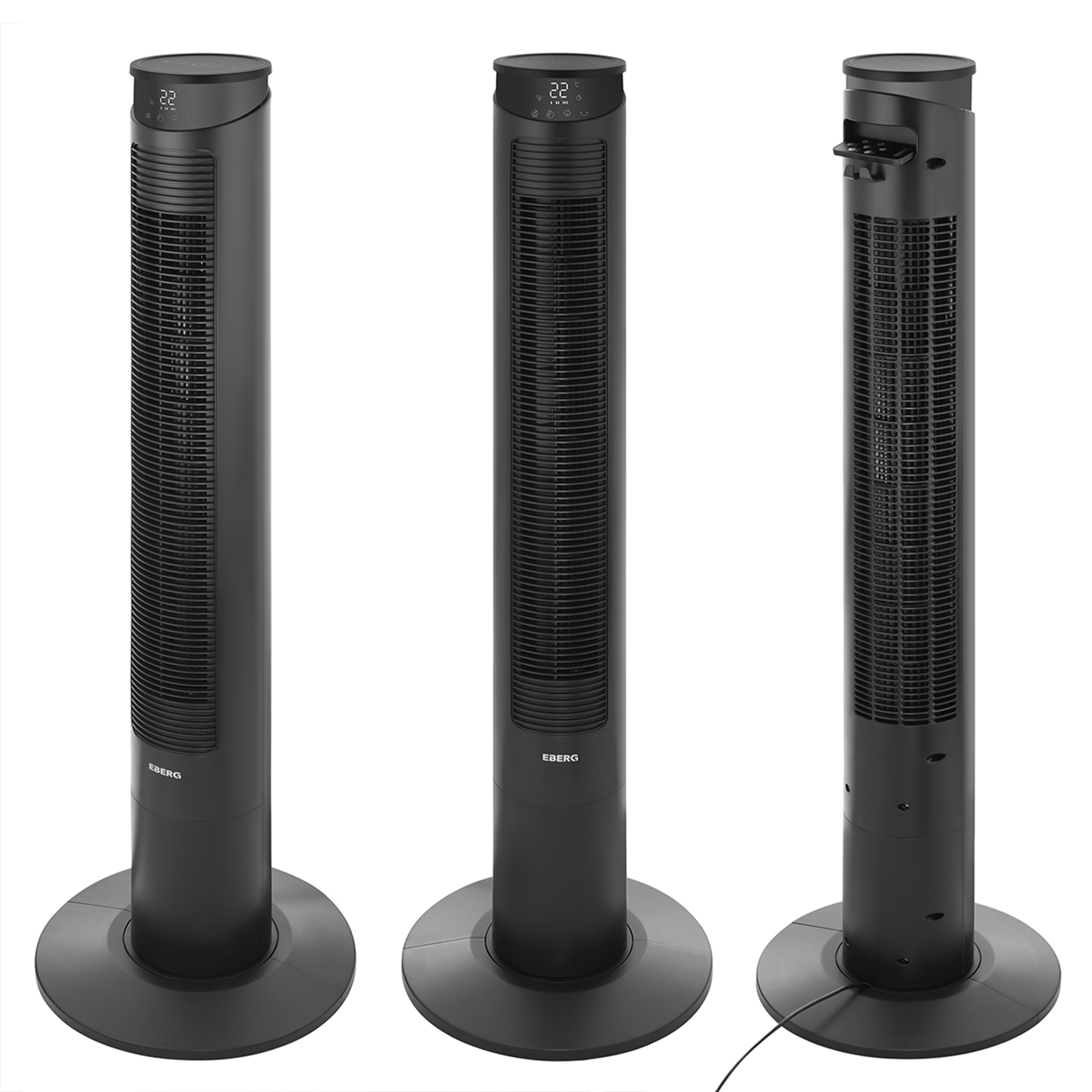 Trzy czarne wentylatory wieżowe obok siebie, z cyfrowym wyświetlaczem z przodu.